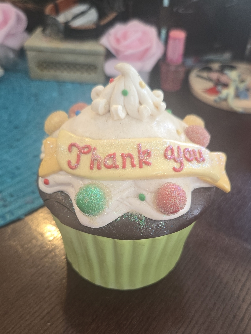 GANZ Green & White 'Thank You' Cupcake Decorative Topper Trinket Box